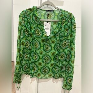 ZARA long sleeve frill blouse with pattern